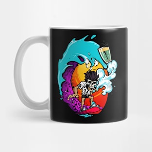 Skull surfing with a beer in weavy beach Mug